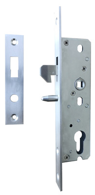Mortise sliding door lock with closeable hook with security pin